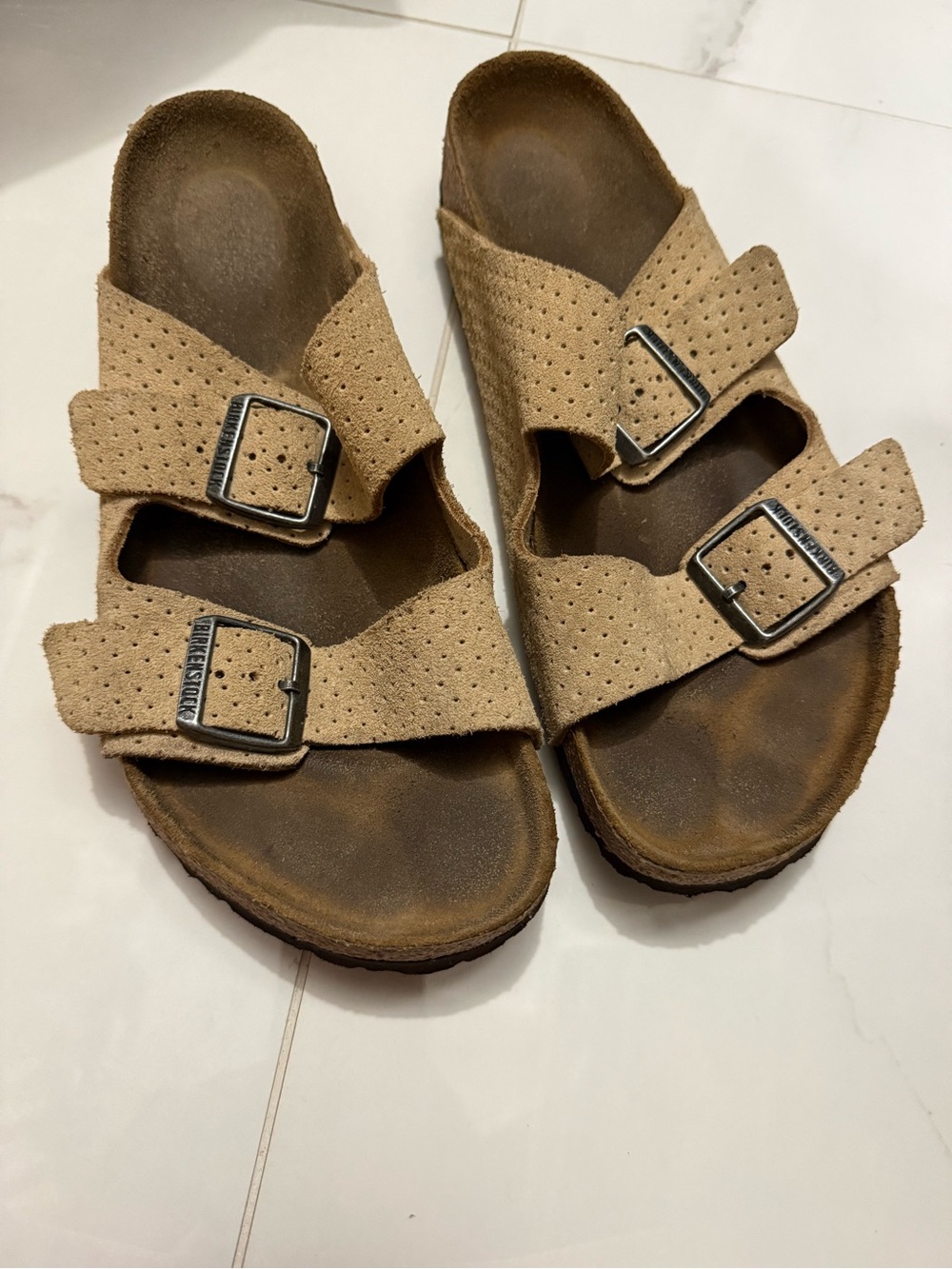 Birkenstock Two-Buckle Suede Slide Sandals in Tan